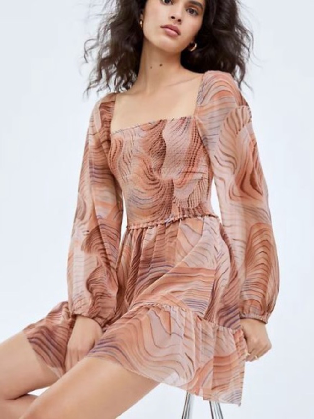 Wilfred Peach Swirl Smocked Square-Neck Mini Dress